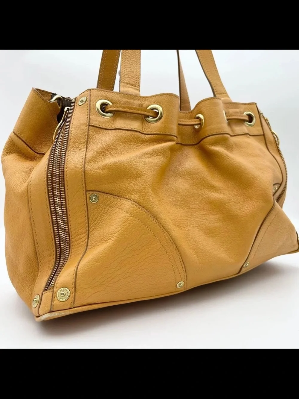 Mulberry Honey Tan Leather Drawstring Tote with Gold Hardware